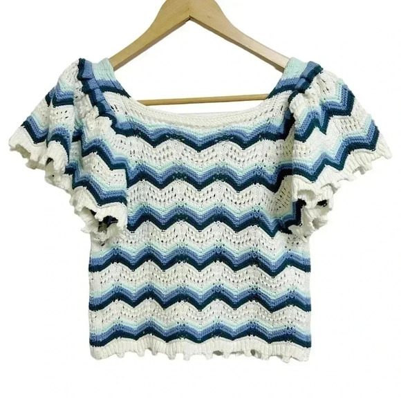 Entro Ivory and Cornflower Chevron Crochet Knit Bohemian Top Size M - Picture 6 of 10